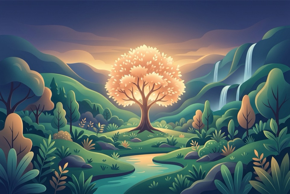 A garden with one radiant tree